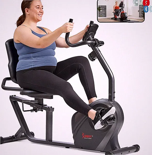 Sunny Health Smart Recumbent Bike w/ Cushioned Seat App Connect