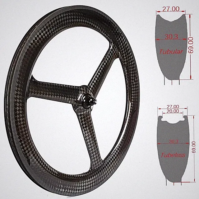 TT Road Track Fixed Gear Bicycle 700C Carbon 3 Spokes Wheels Tubeless 27*69mm